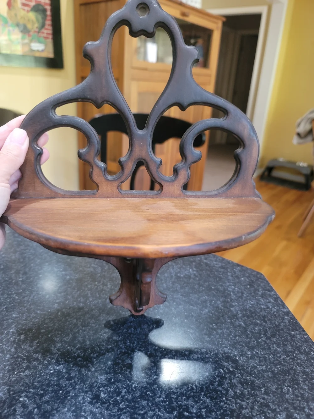 Vintage Butler Style 129 Brown Wood Wall Mounted Shelf with Ornate Backplate